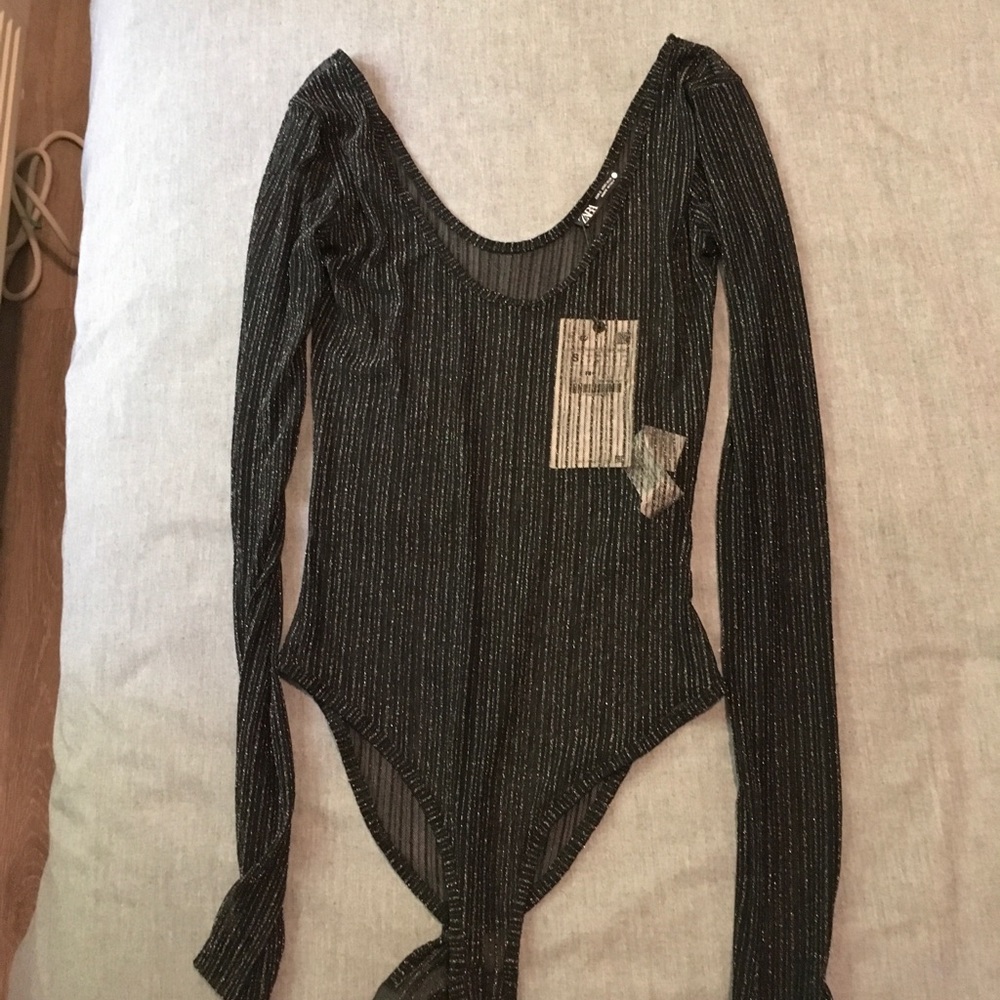 NWT ZARA METALLIC THREAD Bodysuit long sleeves Sexy Size S